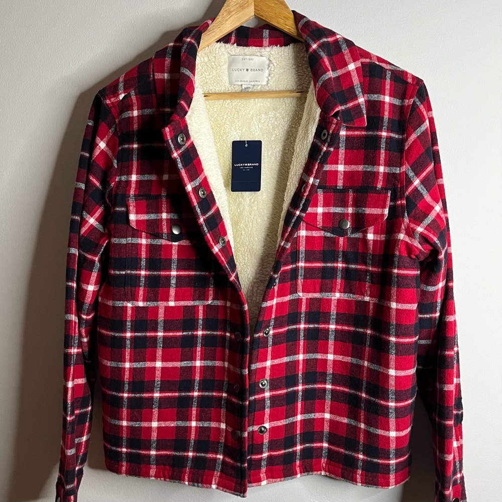 NWT Lucky Brand Cropped Flannel Plaid Shacket with Sherpa Lining. Size M